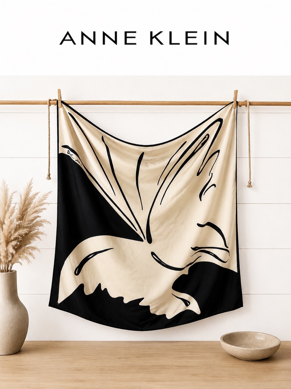 Anne Klein Large Silk Square Scarf – Black and Cream